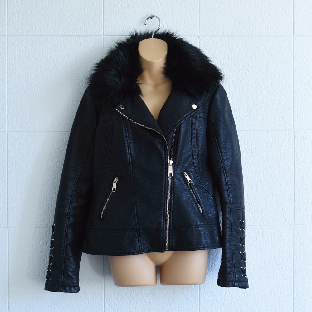 Vintage Guess Asymmetrical Faux Leather Moto Jacker with Faux Fur Collar